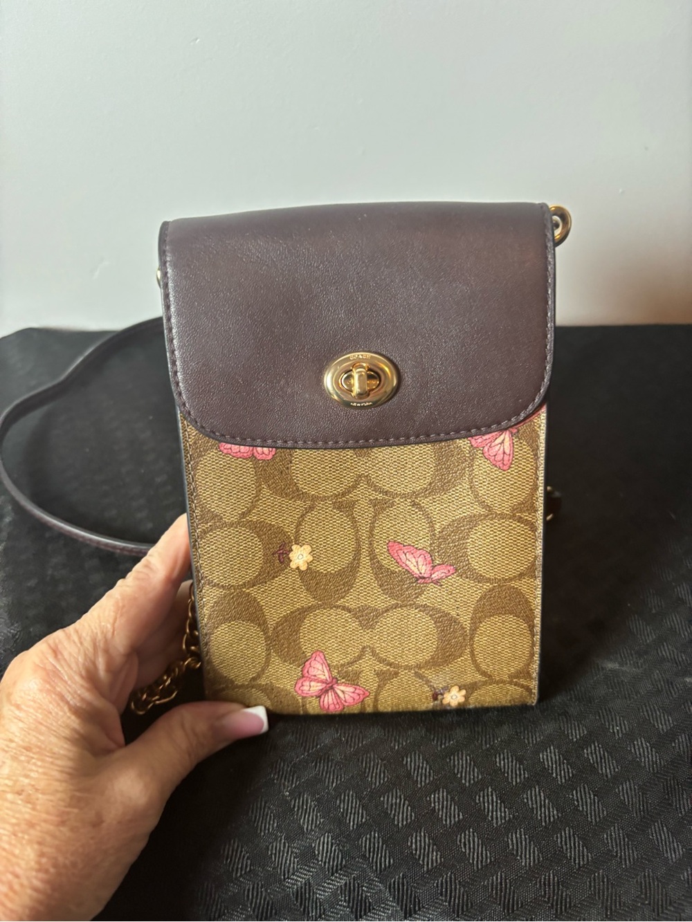 Coach Brown and Pink Signature Butterfly Crossbody Phone Bag